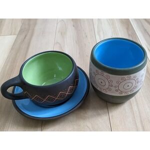 Vicente Hernandez Blue And Green Mug Cup And Saucer Oaxaca Mexico Art Pottery